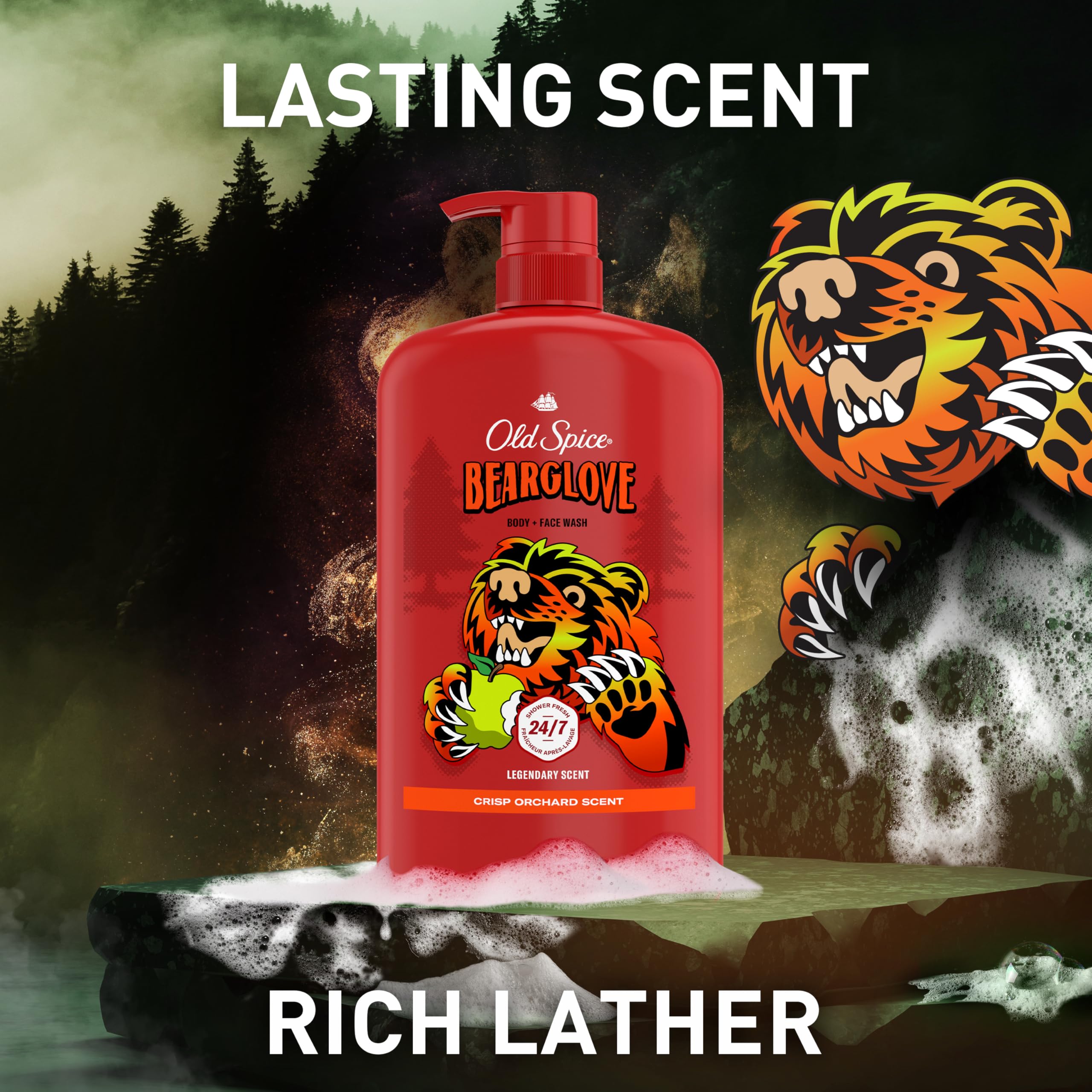 Old Spice Cleansing Body Wash for Men, 3X Defense, 24/7 Shower Fresh with Lasting Scent, 2-in-1 Body & Face Wash, Bearglove with Crisp Orchard Scent, 33.4 (Pack of 4) - Image 7