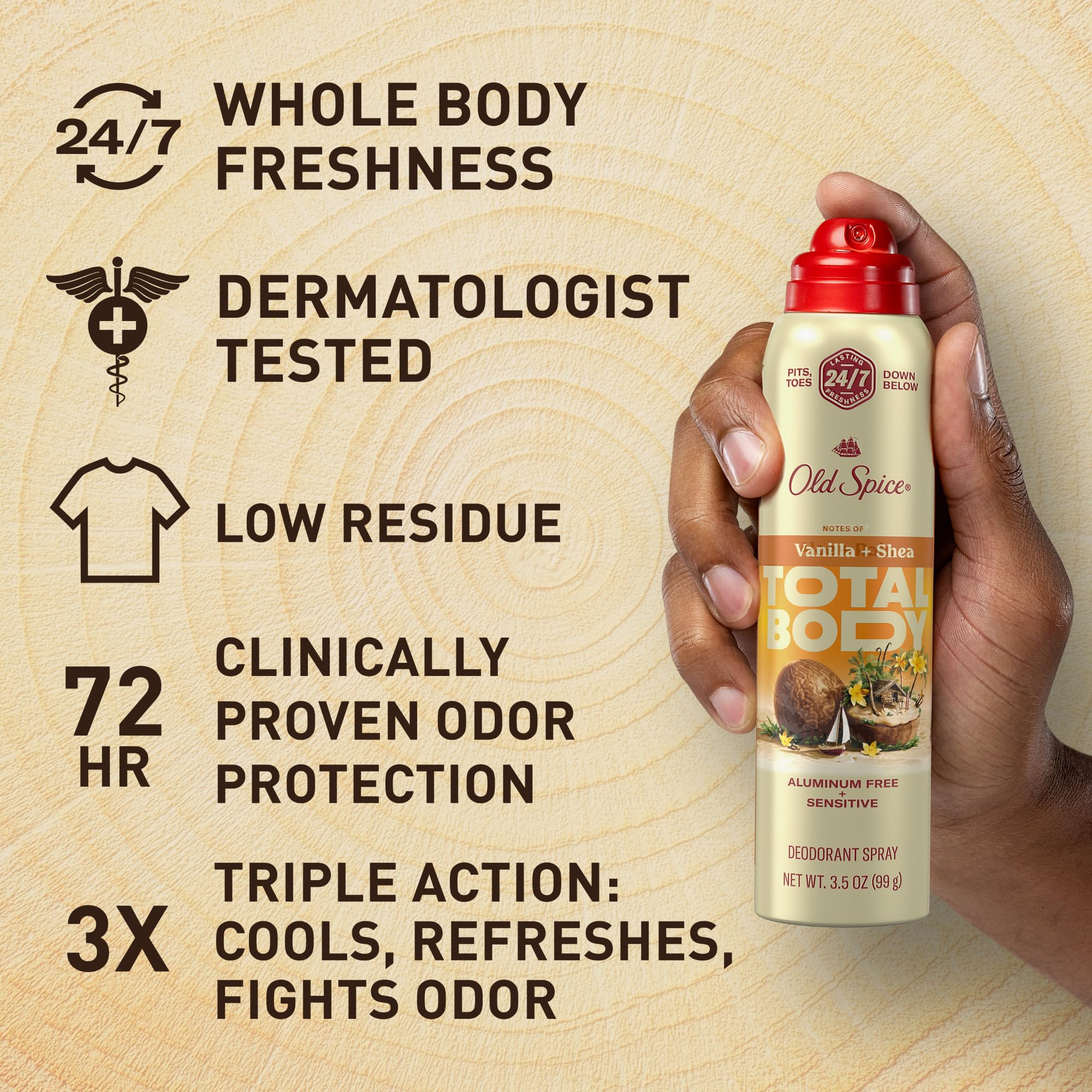 Old Spice Whole Body Deodorant Spray for Men, Aluminum Free, Vanilla + Shea Scent, 24/7 Odor Protection, 24/7 Lasting Freshness, Dermatologist Tested, Gentle on Skin, Safe to Use All Over, 3.5 oz - Image 3